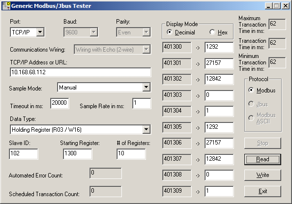 Reading device registers with Modbus Tester