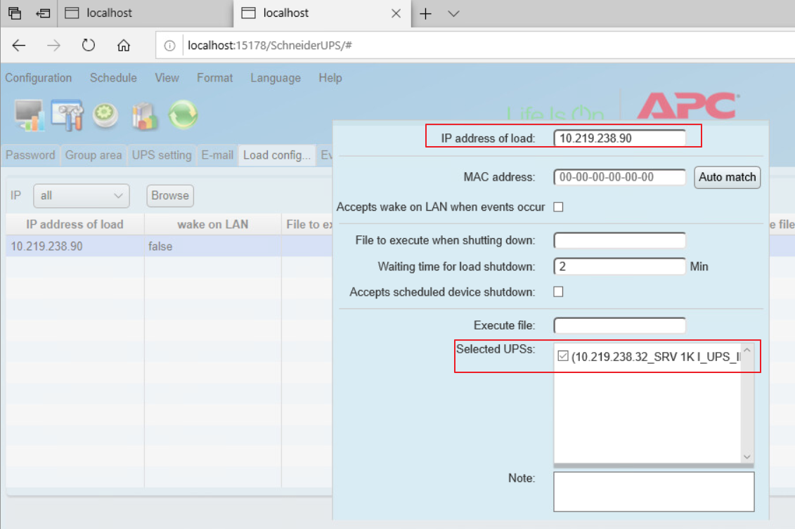 Load Configuration of Schneider UPS software