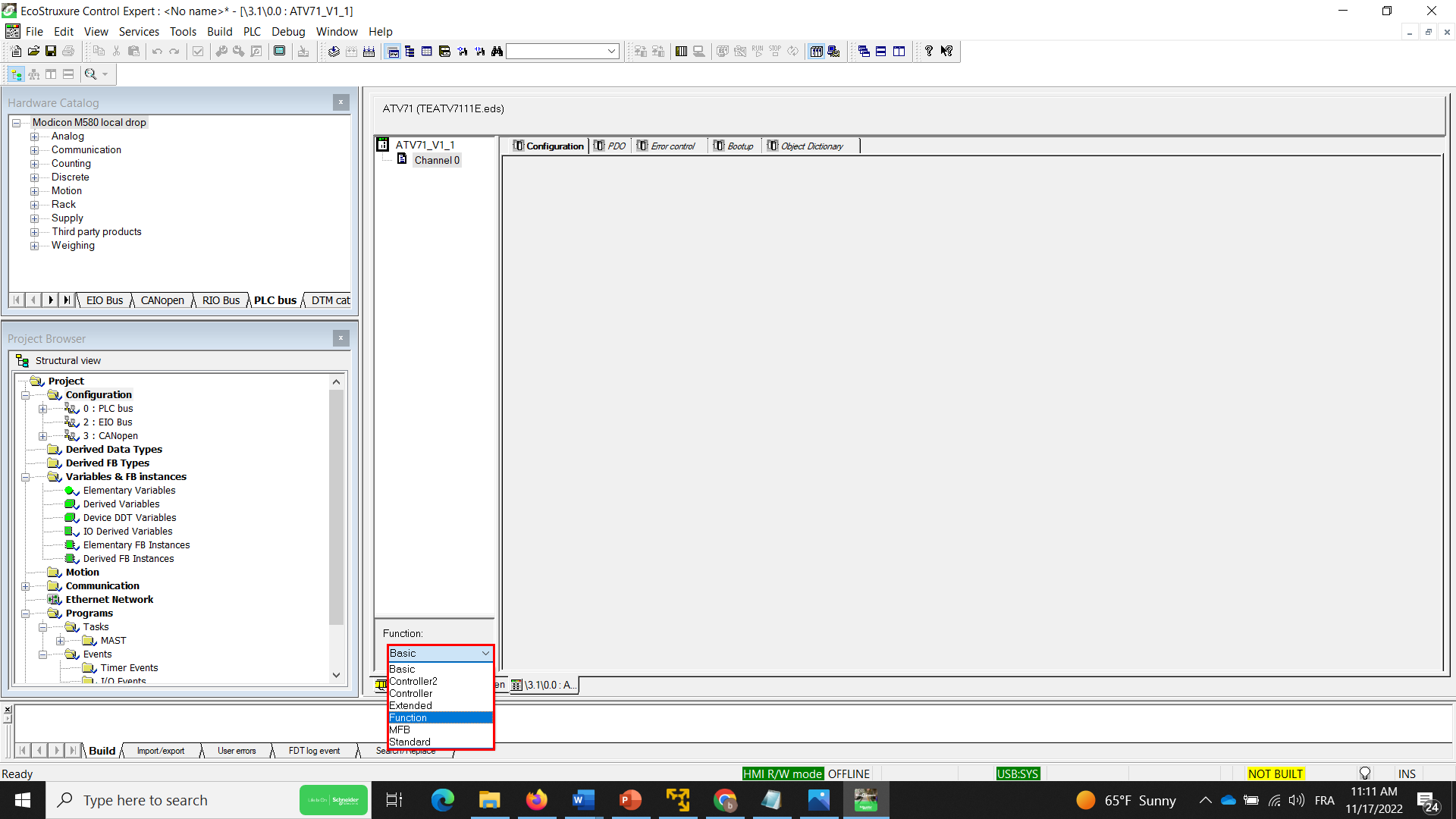 Display of the new function in the ATV71 configuration editor in CE