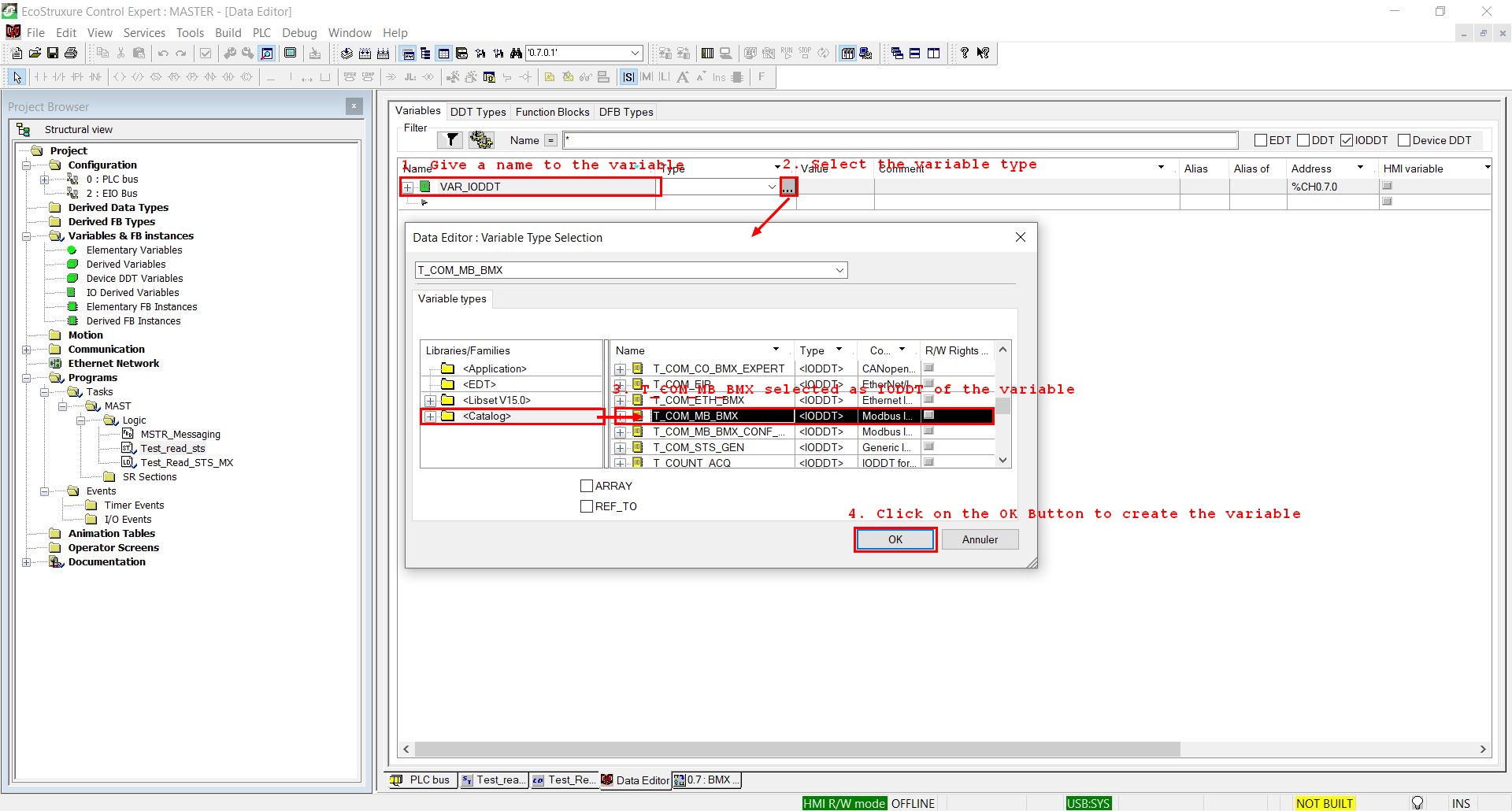 Selection of the type of the IODDT associated with the variable to be created in the editor
