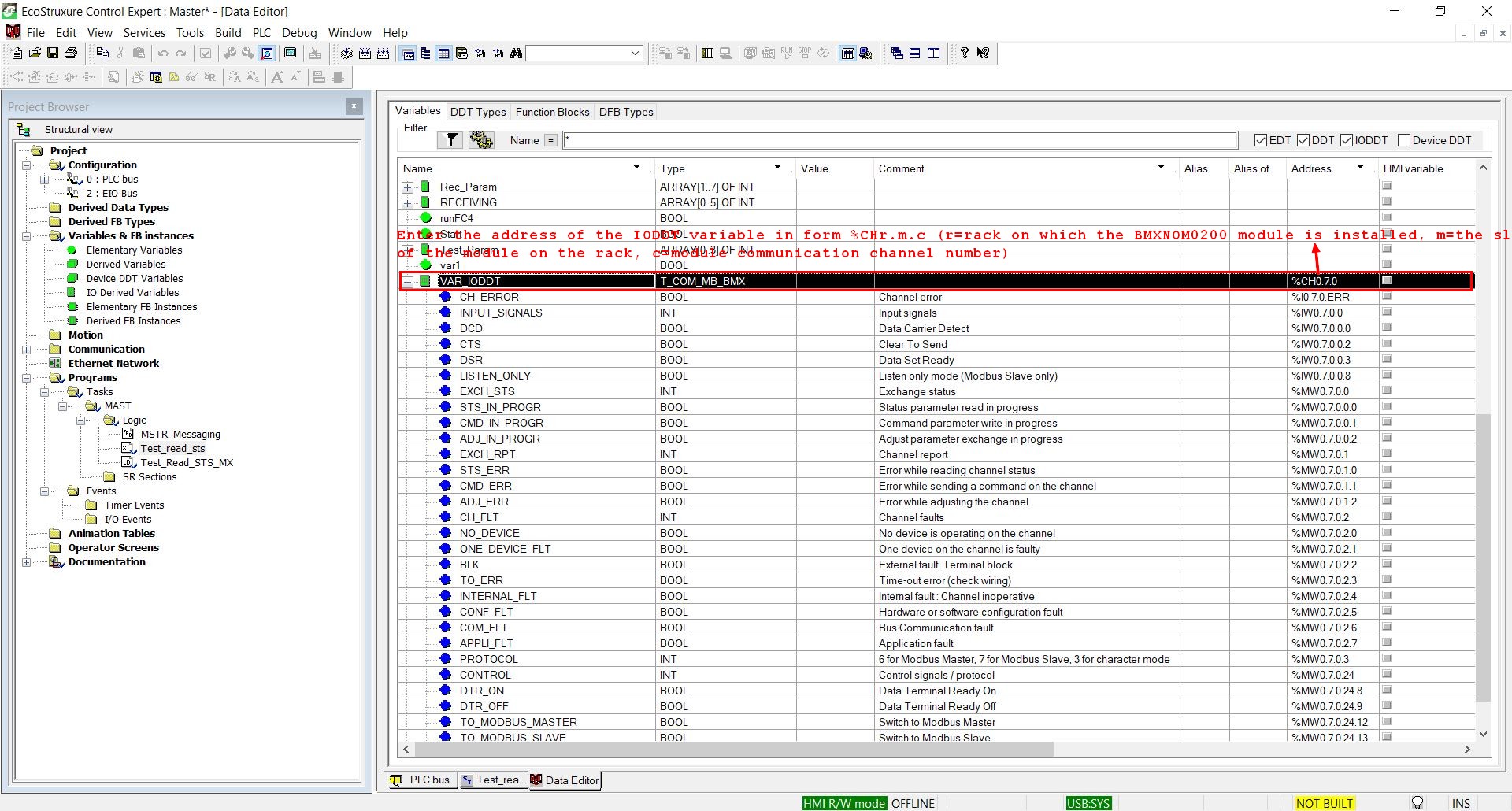 Addressing the IODDT type variable created