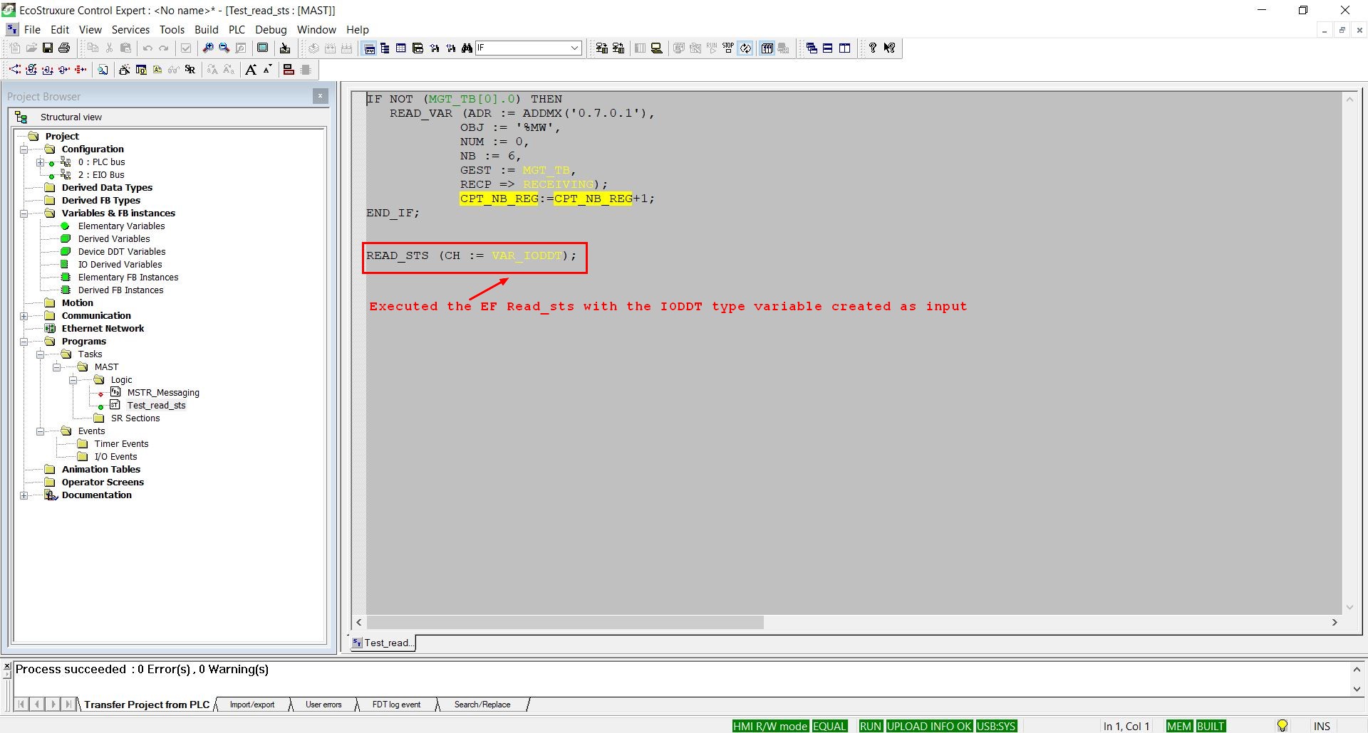 Calling the read_sts ef in the code section