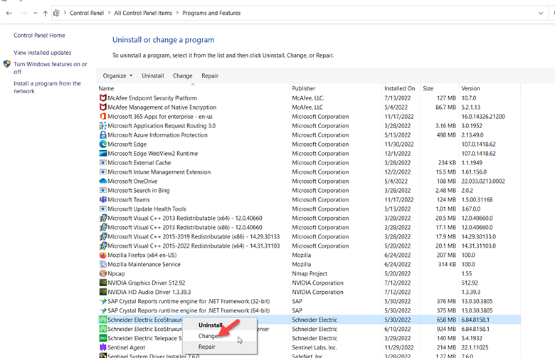 Programs and Features 2: Change