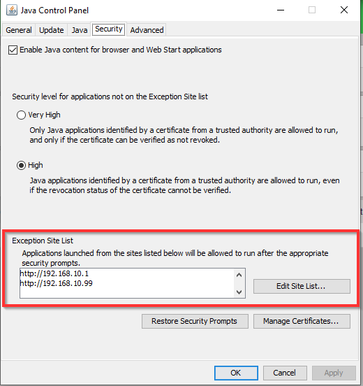 JAVA Control Panel screenshot