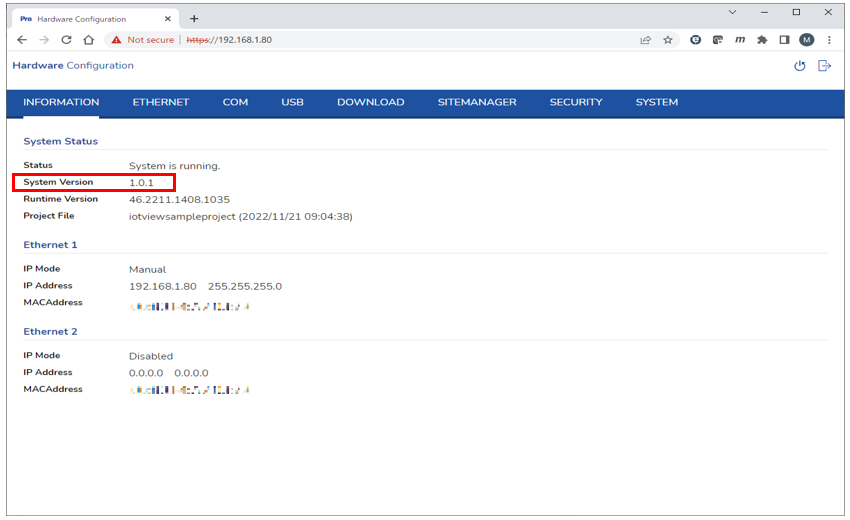 System version in Information tab System version in Information tab