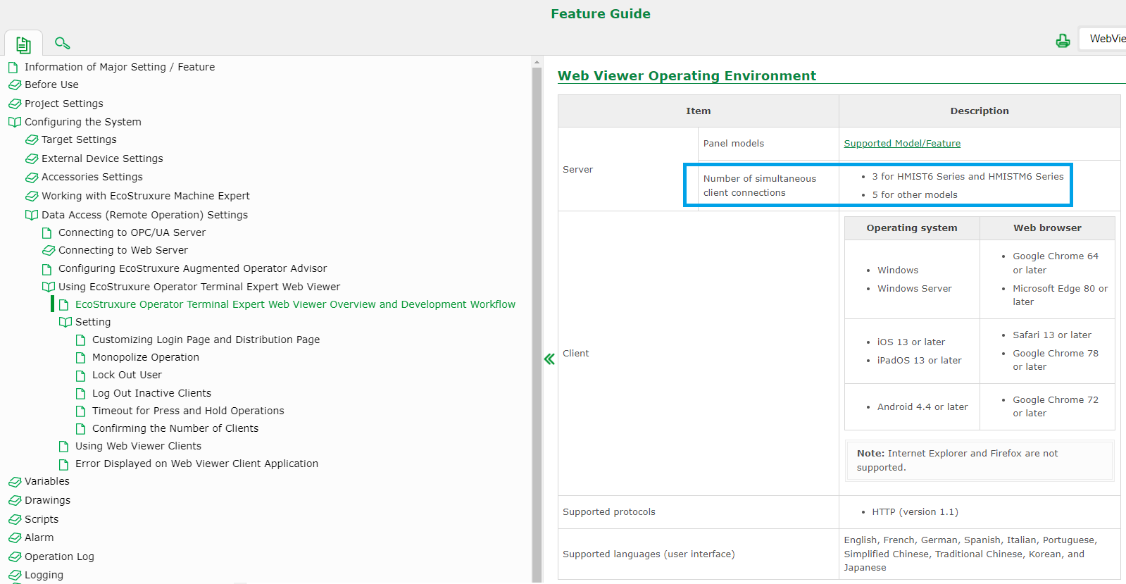 EcoStruxure Operator Terminal Expert Feature Guide - Web Viewer section