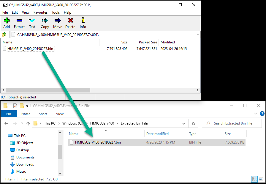 .bin file is revealed in 7-zip; drag and drop to a folder in Windows Explorer