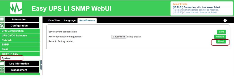 password reset Easy UPS LI SNMP manager
