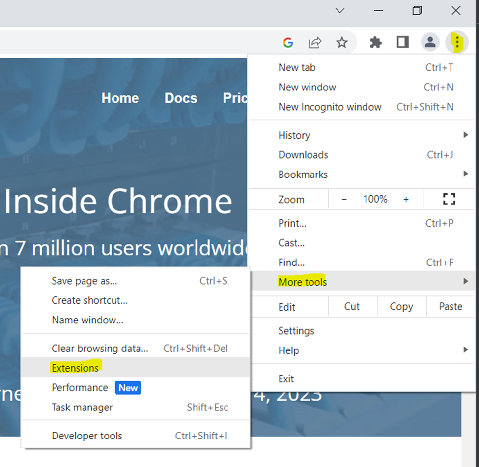 Chrome extension menu