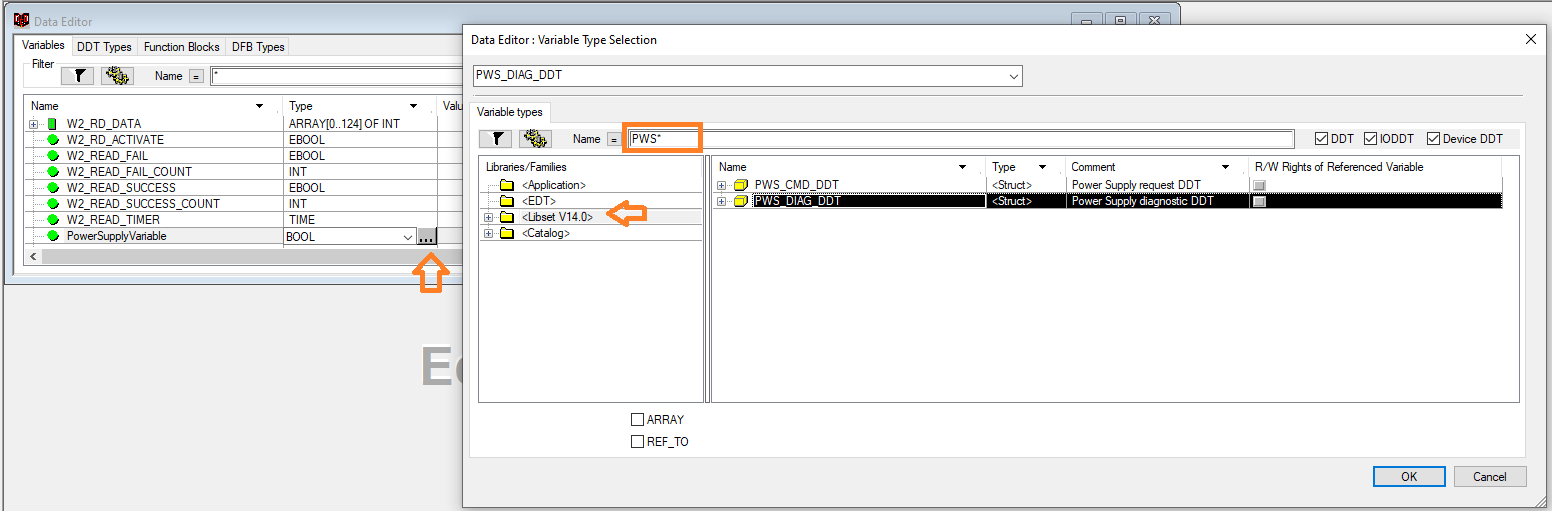 Variable Type Selection dialog showing current Libset