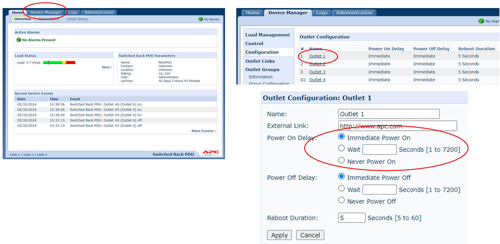PDU on FW 3.x.x or 5.x.x Interface showing where to click