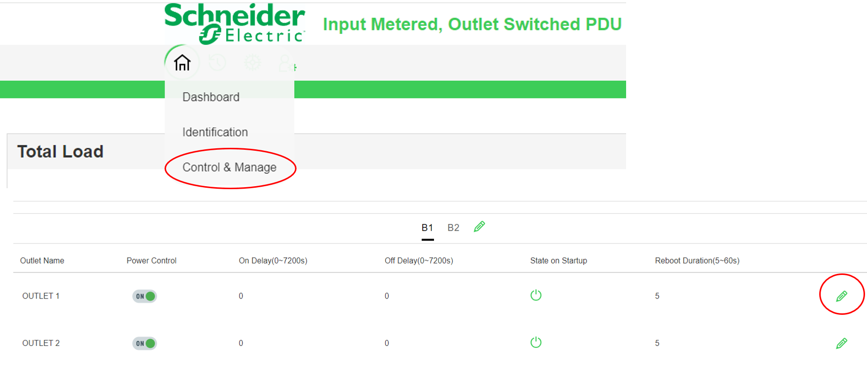 APDU 10K series interface showing which to click to configure outlets