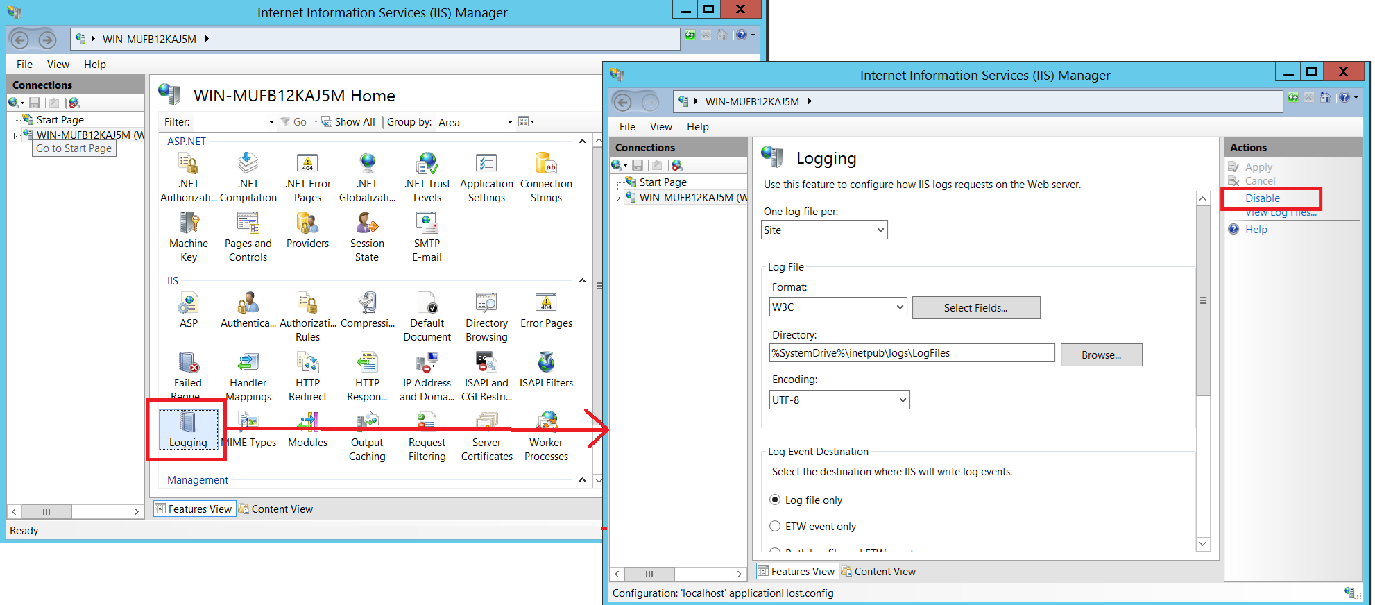 Where to disable logging in IIS