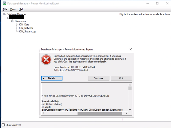 Unhandled exception error Database Manager properties Unhandled exception error Database Manager properties
