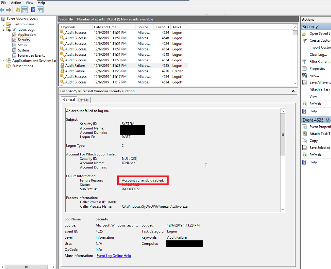 Event Viewer Security Account currently disabled Event Viewer Security Account currently disabled