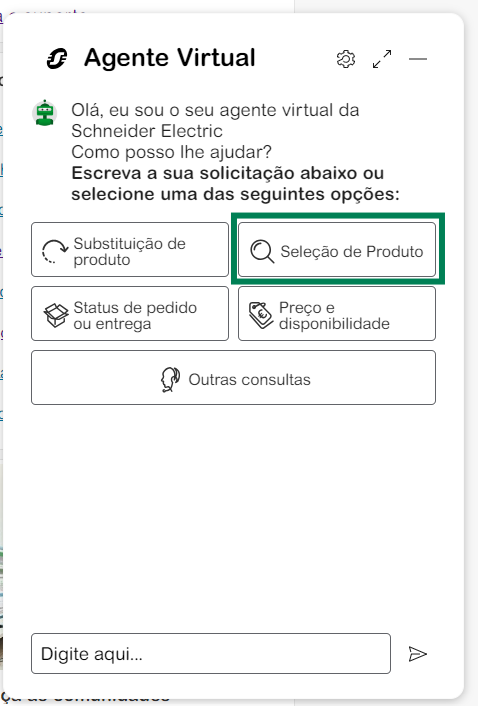 Seleção de Produto Chat Agente Virtual