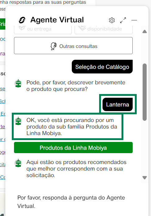 Seleção do Catálogo no Chat Agente Virtual