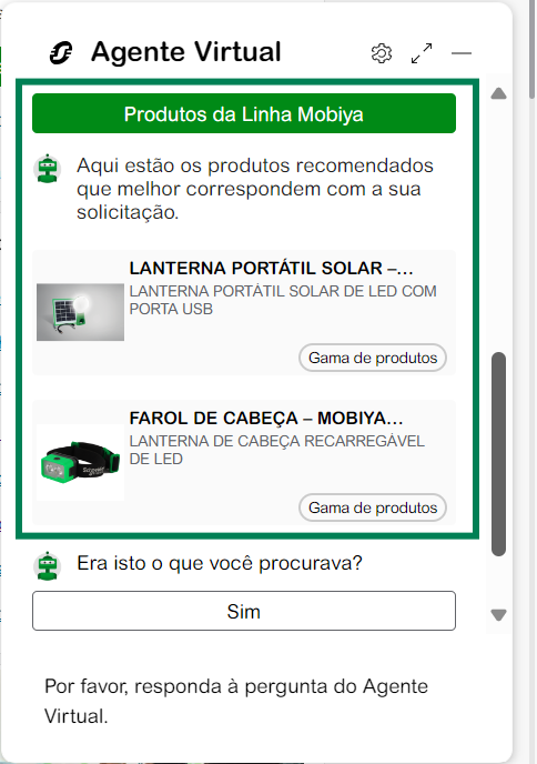 Linha de Produtos Chat Agente Virtual