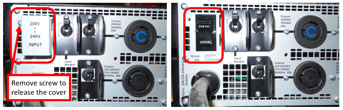 The following is an image showing the location of the voltage selector switch on an APC by SE 5KVA Isolation Stepdown transformer