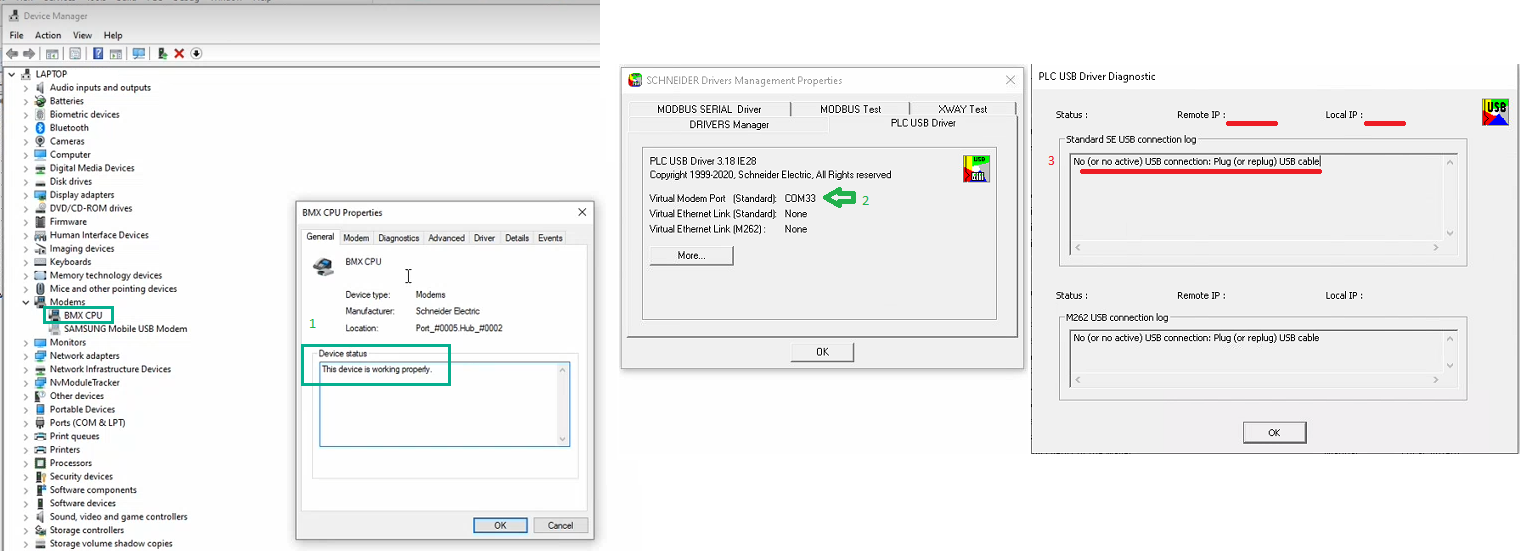 Device Manager, SCHNEIDER Drivers Management Properties, and PLC USB Driver Diagnostic
