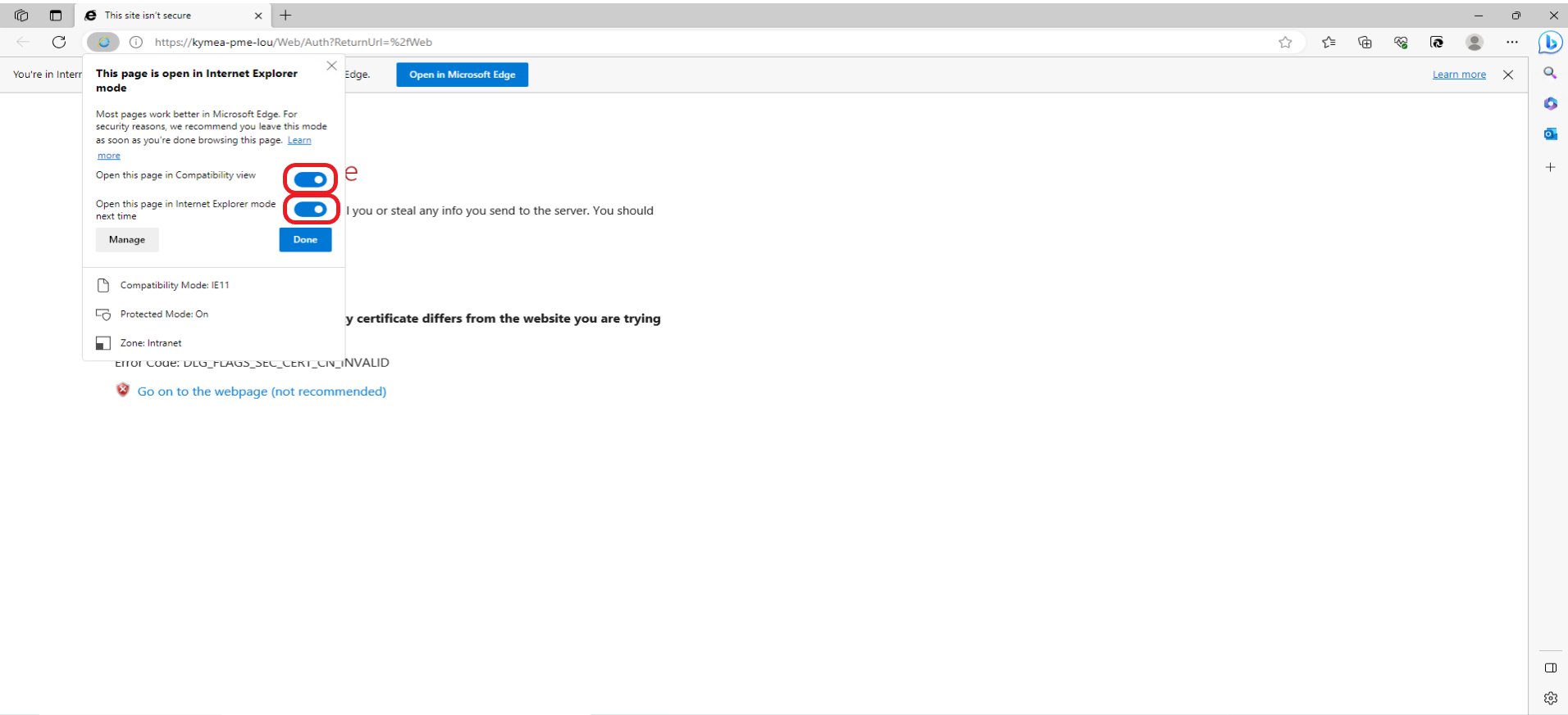 IE Mode Settings