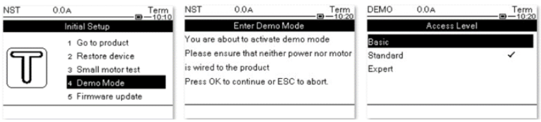 Telas da IHM do ATS480 para entrar no modo DEMO de demonstração