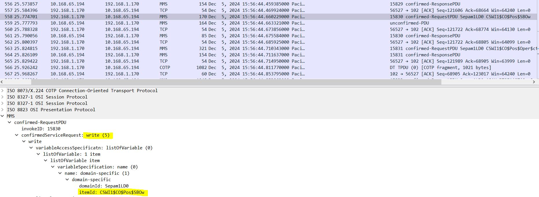 Write operation in wireshark