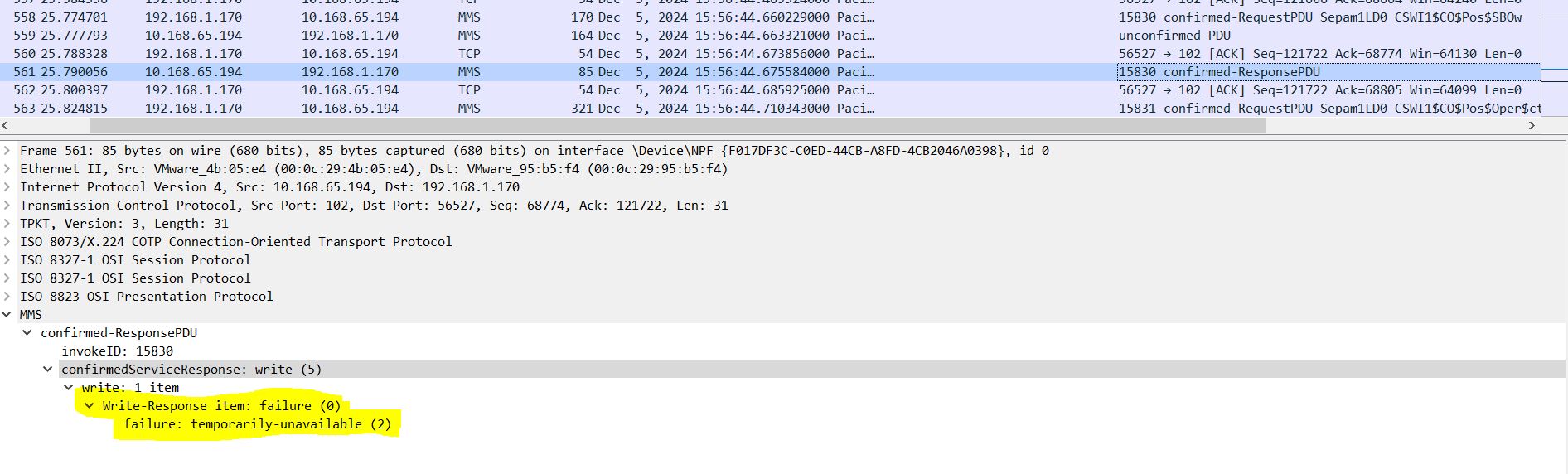 Error response from the device