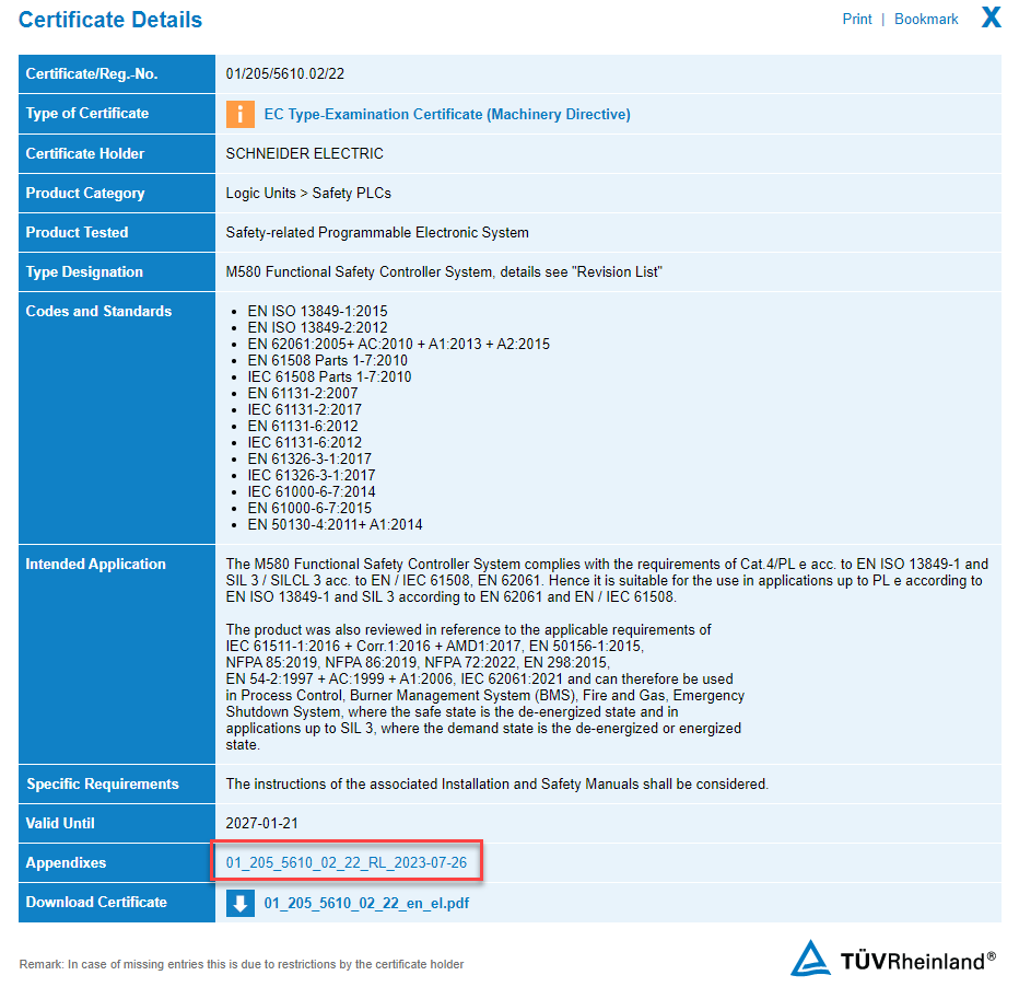 From the Certificate select Appendixes