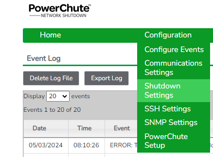 Image of how to access UPS shutdown parameters within PowerChute UI