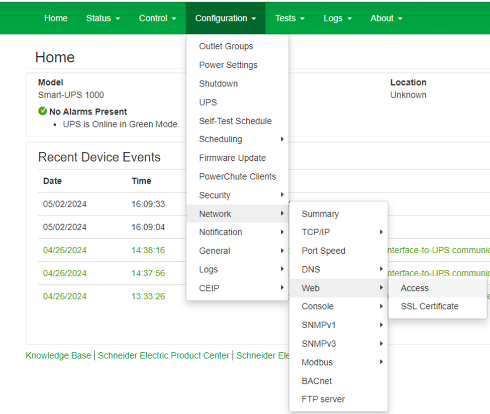 NMC Configure > Network > Web> Access Menu