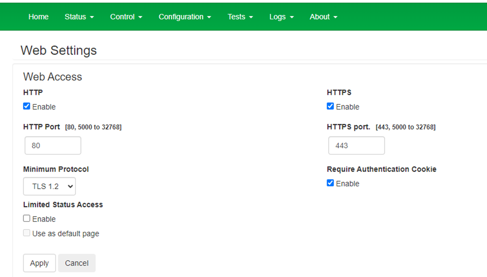 NMC web access settings page