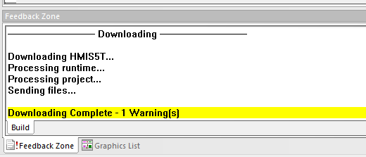 Vijeo Designer Feedback Zone indicating Download Completed