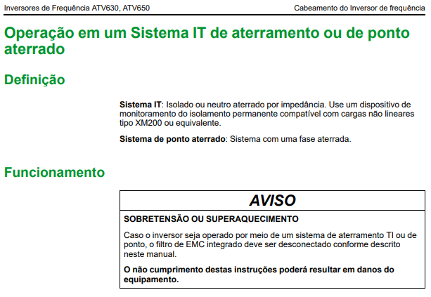 Alerta sobre desconexão do filtro RFI