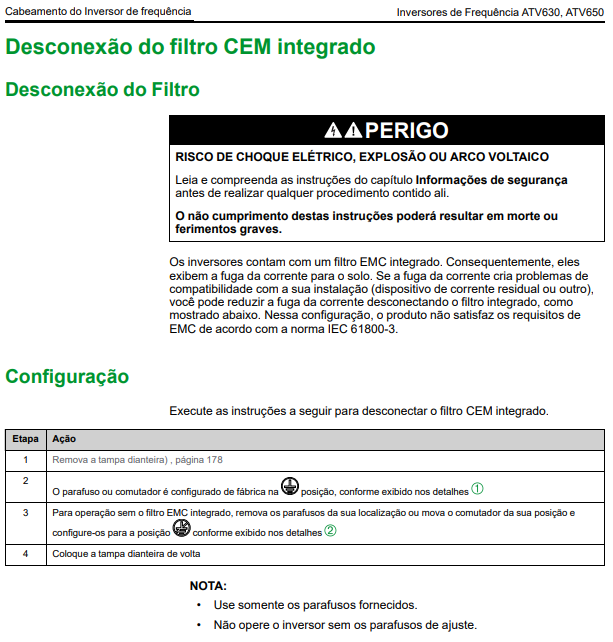 Orientação para desconexão do filtro RFI no ATV630