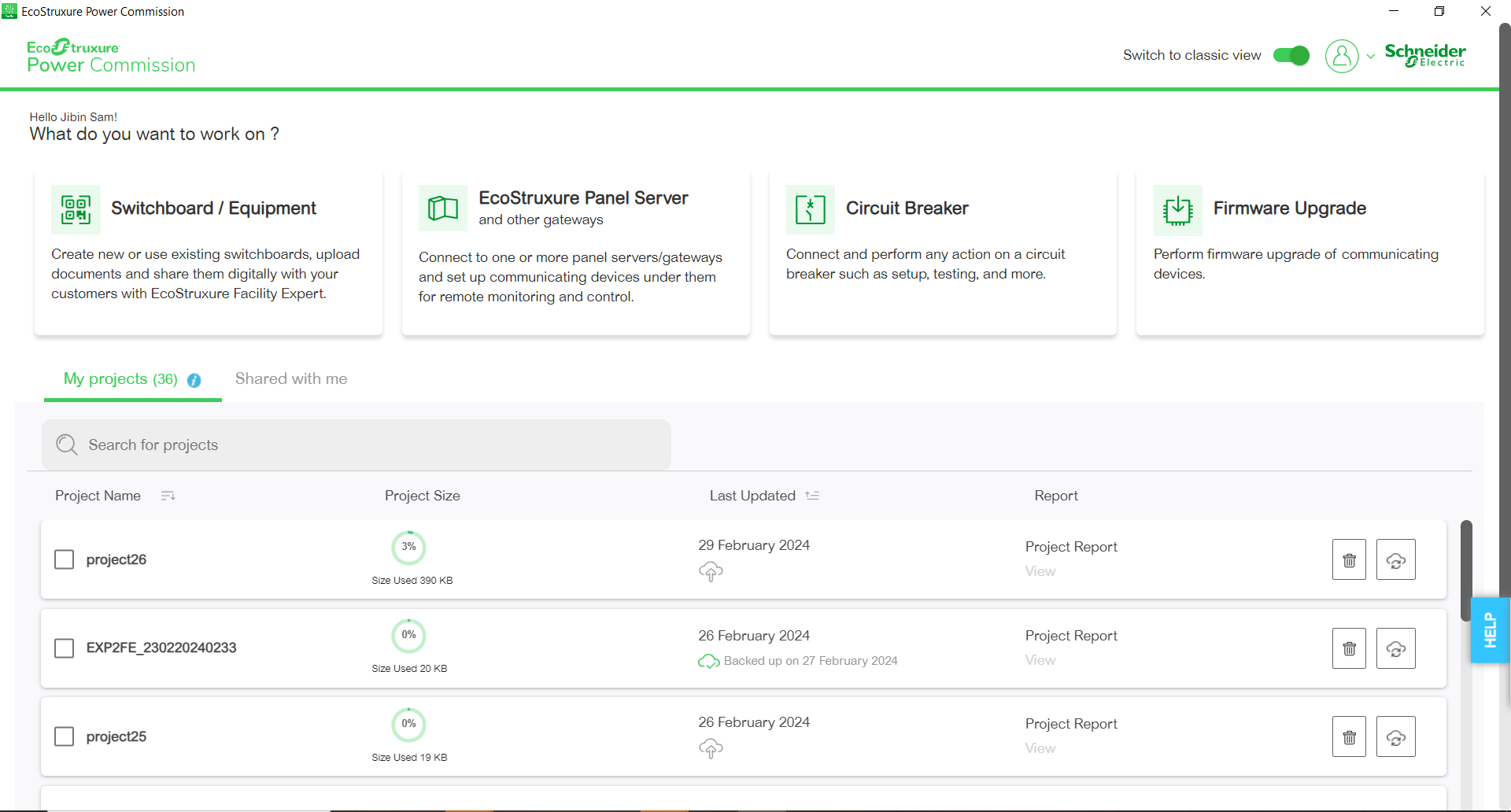 Project list view in classic view
