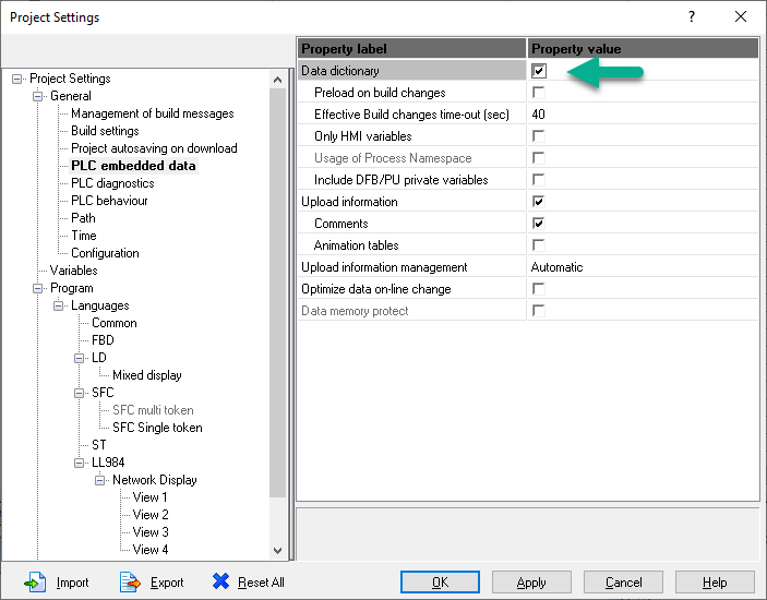 Tools -> Project Settings -> PLC Embedded Data -> Data dictionary setting