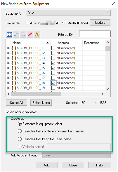 New Variables from Equipment dialog - select the variables you wish to link from the .XVM / .STU file