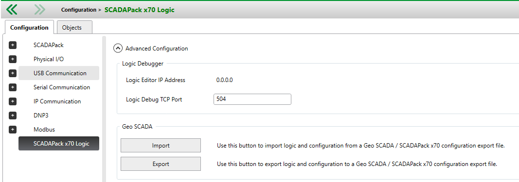 Configuration section for SCADAPack x70 Logic does not contain a button for "Open Logic Editor"