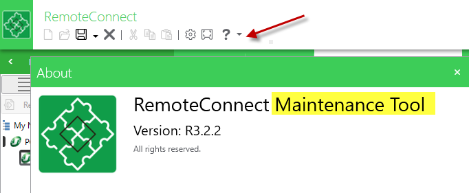 Go to ?, then About... to see the Remote Connect version number and whether or not it's the Maintenance Tool version