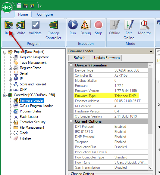 Verify the firmware type, to see if it is TelePACE DNP or ISaGRAF