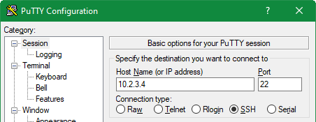 Putty settings to connect to 47xi over SSH