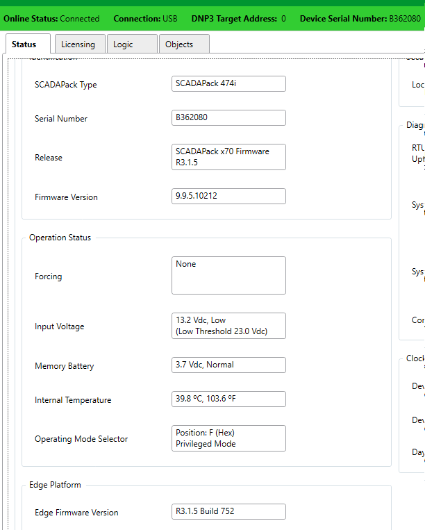 RTU firmware and Edge firmware versions match