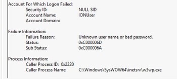 Screenshot of Windows Event Viewer warning "Unknown user name or bad password."