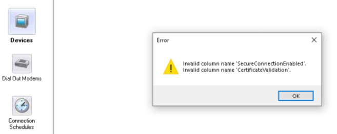 Management Console error message showing "Invalid column name