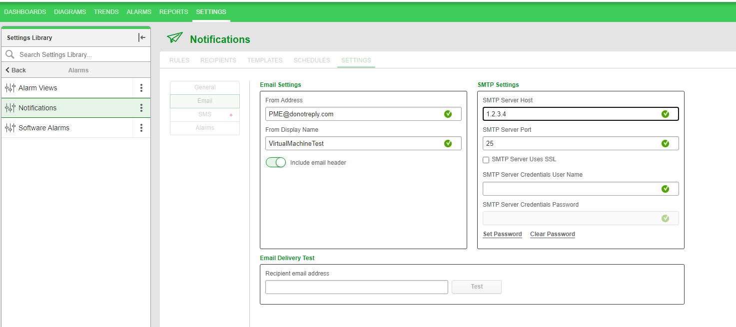 Power Monitoring Expert (PME) Settings tab with "notifications" window open