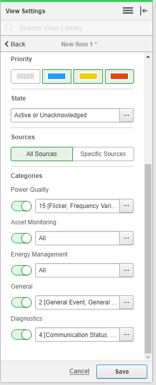 Power Monitoring Expert (PME) Alarms tab with an alarm view and filters being created