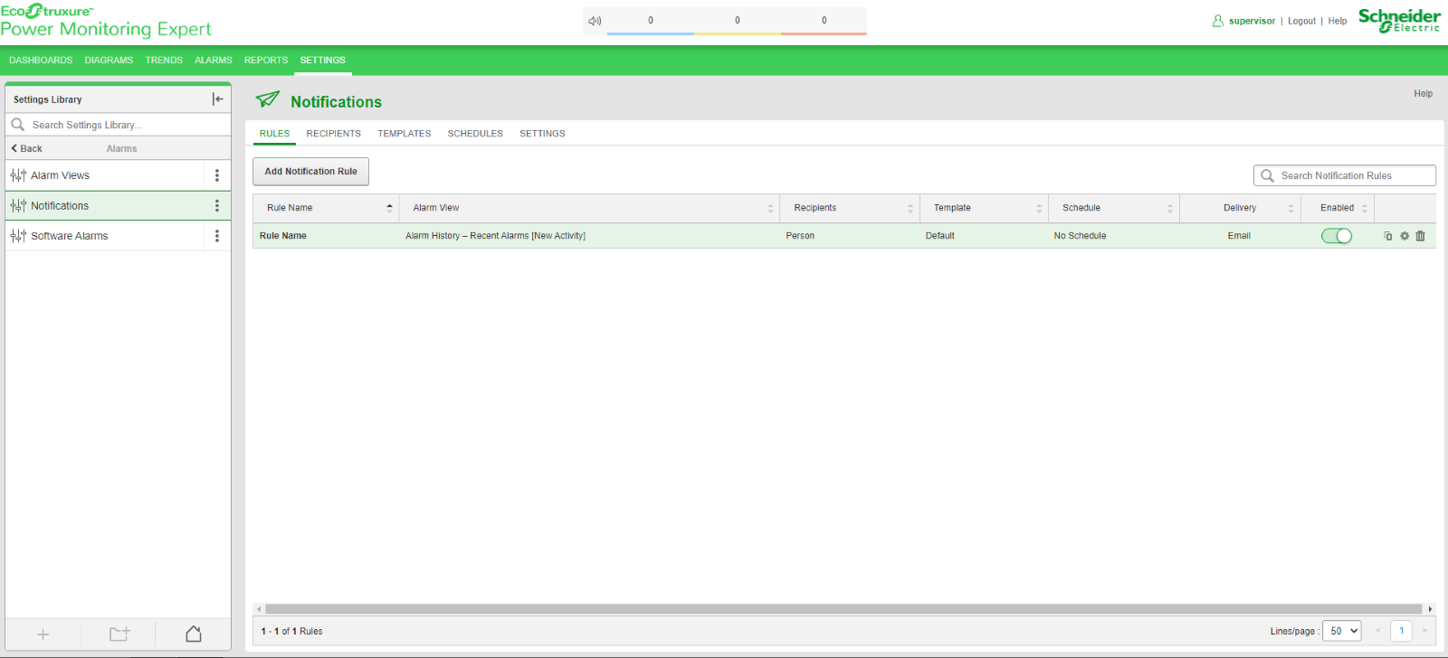 Power Monitoring Expert (PME) Settings tab with "notifications" window open and "Rules" selected