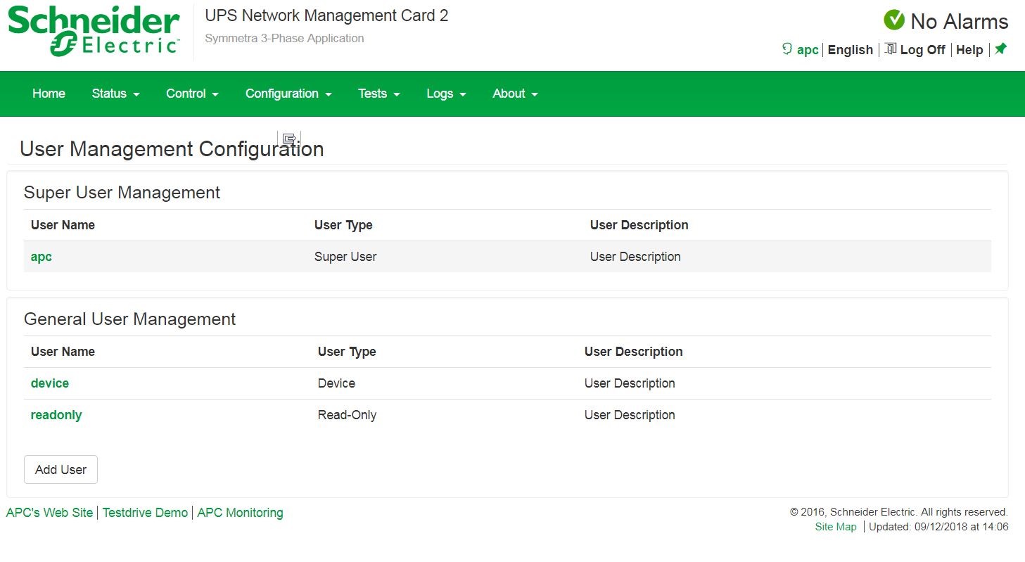 User management menu - here the users will be listed