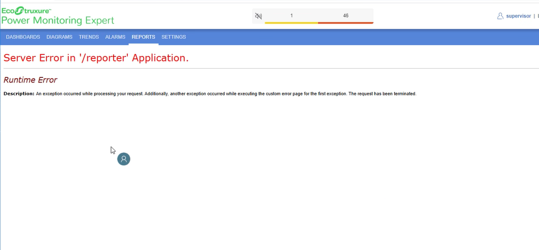 Screenshot of Power Monitoring Expert (PME) web application error "Server Error in '/reporter' Application." 